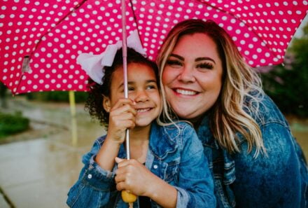 mom and daughter under umbrella